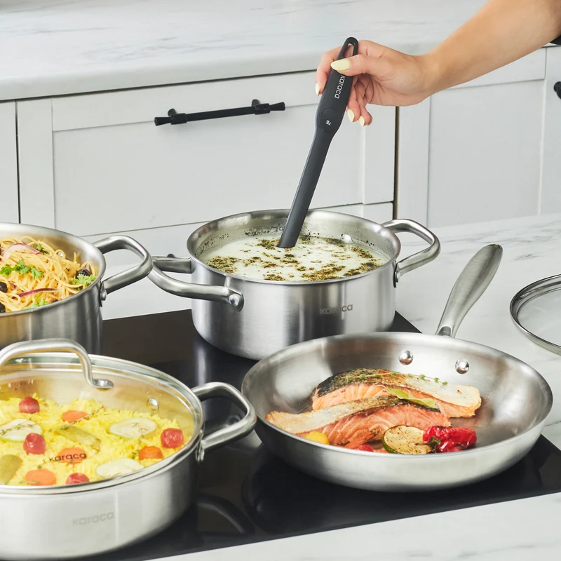 Karaca Power Steel 316+ 3-Ply Akita Edelstahl-Kochgeschirr- und Pfannenset mit Induktionsboden, 7-teilig