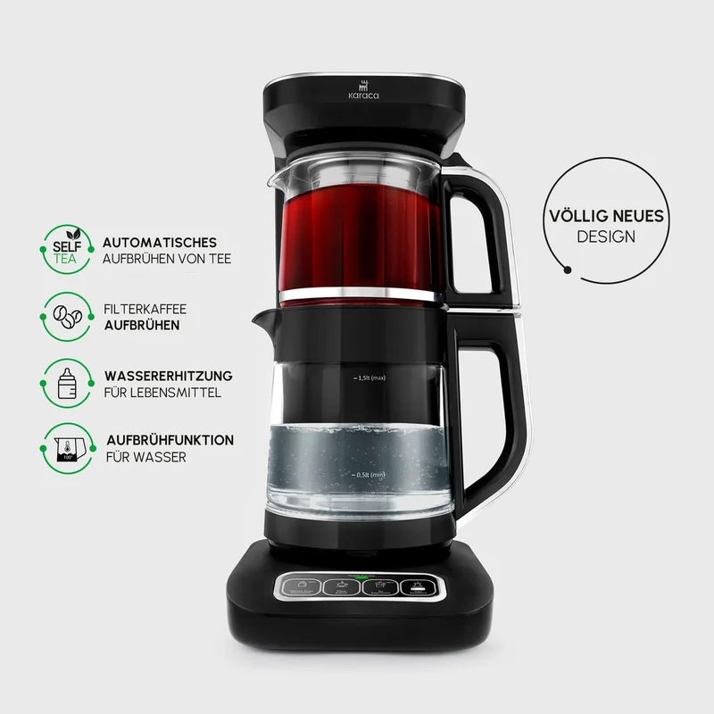 Karaca Çaysever Robotea Pro 4 in 1 Sprechende Automatische Glas-Teemaschine, Wasserkocher und Filterkaffeemaschine, Schwarz Chrom, 2500W