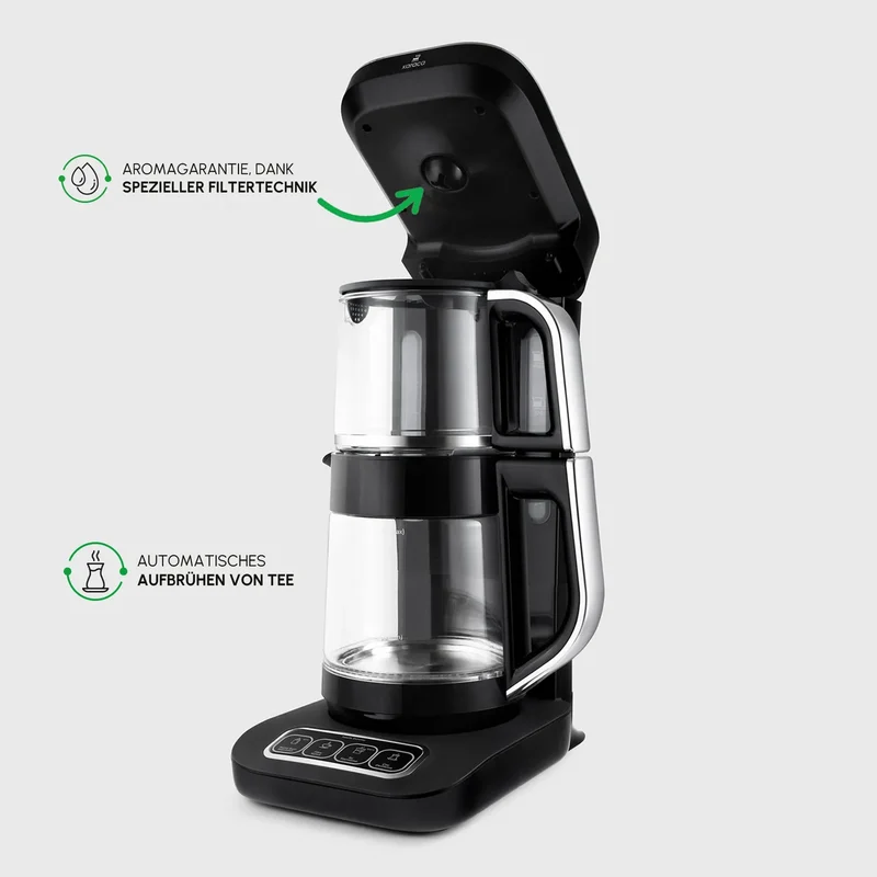 Karaca Çaysever Robotea Pro 4 in 1 Sprechende Automatische Glas-Teemaschine, Wasserkocher und Filterkaffeemaschine, Schwarz Chrom, 2500W