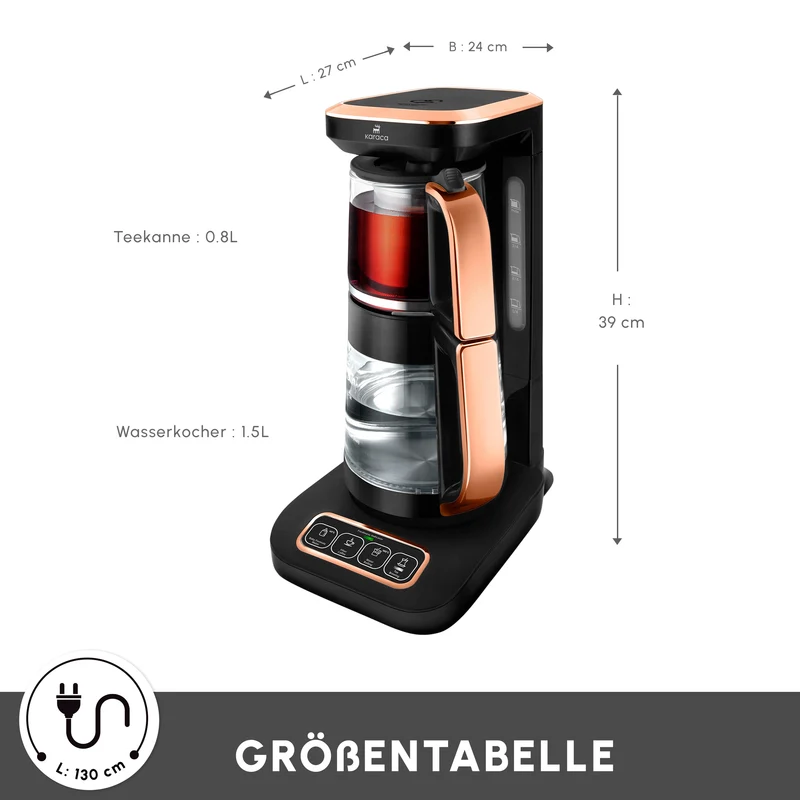 Karaca Çaysever Robotea Pro 4 in 1 Sprechende Automatische Glas-Teemaschine, Wasserkocher und Filterkaffeemaschine 2500W Schwarz Kupfer