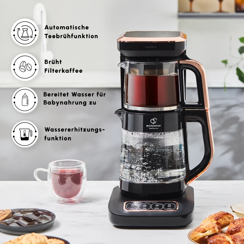 Karaca Çaysever Robotea Pro 4 in 1 Sprechende Automatische Glas-Teemaschine, Wasserkocher und Filterkaffeemaschine 2500W Schwarz Kupfer