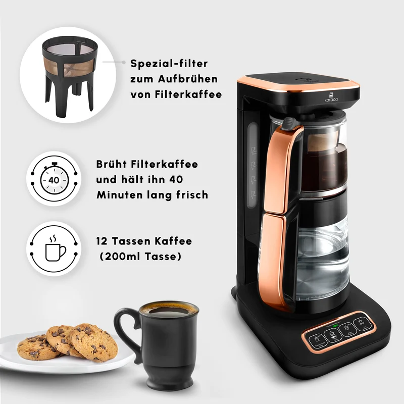 Karaca Çaysever Robotea Pro 4 in 1 Sprechende Automatische Glas-Teemaschine, Wasserkocher und Filterkaffeemaschine 2500W Schwarz Kupfer