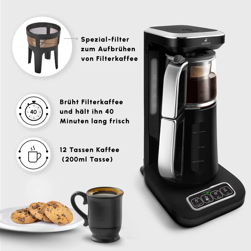 Karaca Caysever Robotea Pro 4 in 1 sprechender automatischer Teekocher Wasserkocher und Filterkaffeemaschine 2500W Chrome