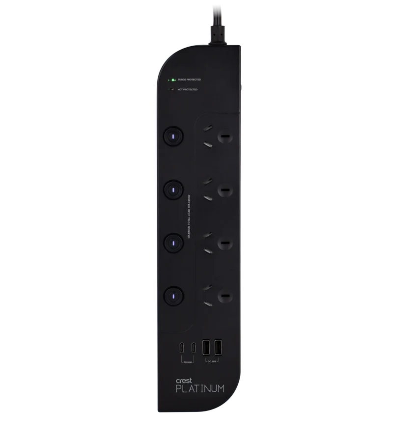 Crest 4 Socket Switched Platinum Power Board USB PD 65W