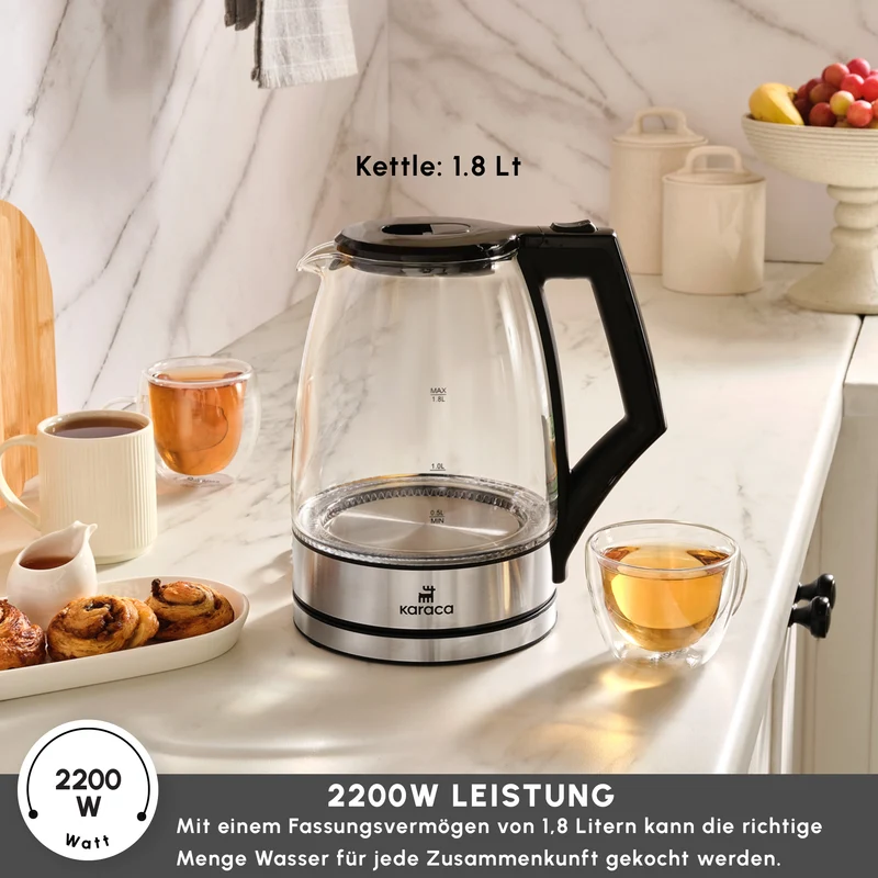 Karaca Glacia Glas Wasserkocher, 2200W, 1,8L, Transparent