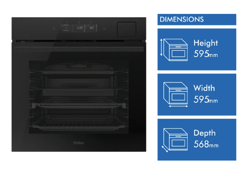 Haier 600 Series 60cm Pyrolytic Oven, 16 Function, Air Fry, Steam Assist, Black