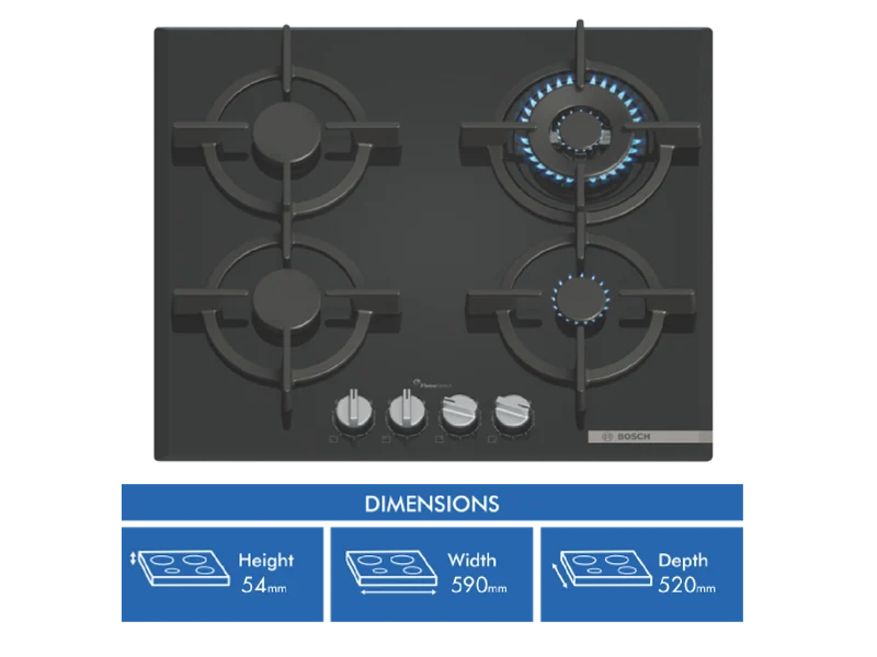 Bosch Series 6, 60cm Gas Cooktop Tempered Glass, Black
