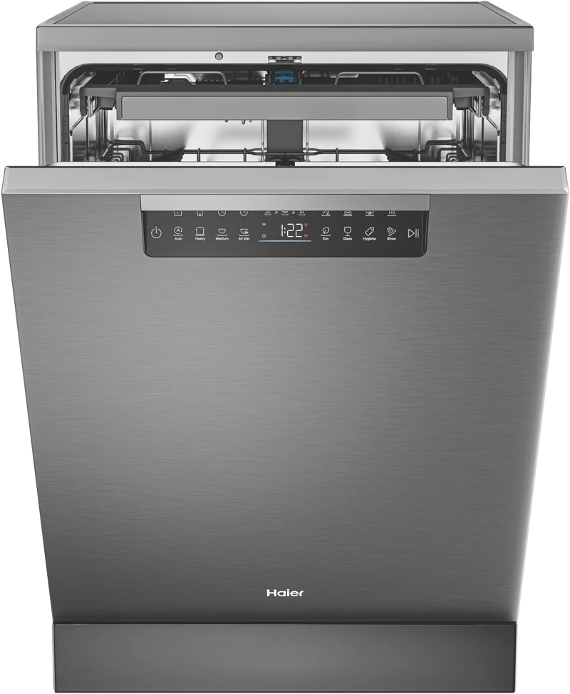 Haier 600 Series Freestanding Dishwasher, Steam, Dual Power Spray Arm, Satina