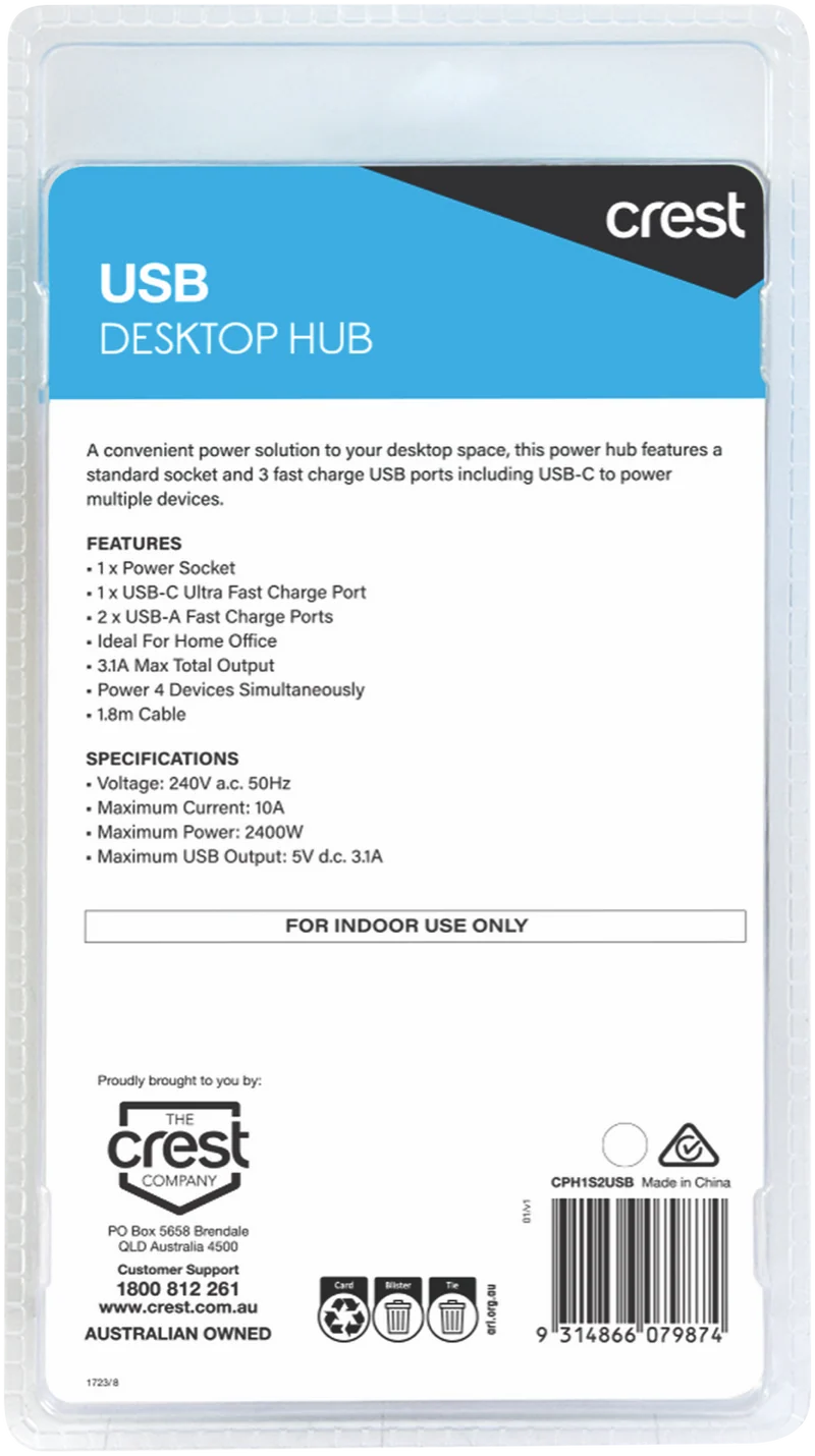 Crest Desktop Power Hub 1 Socket 3 USB