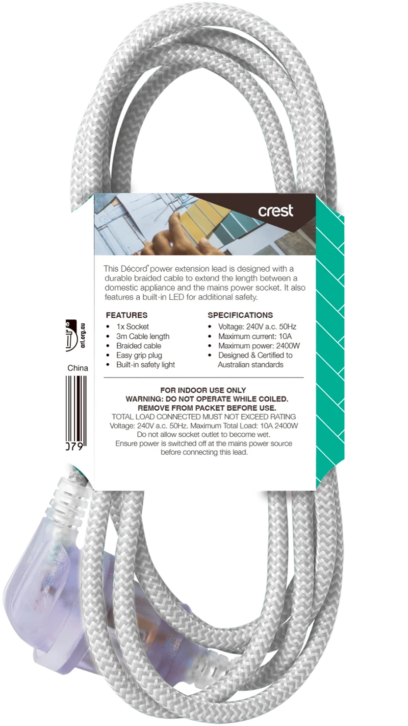 Crest Decord Braided Extension Lead 3m (Grey)