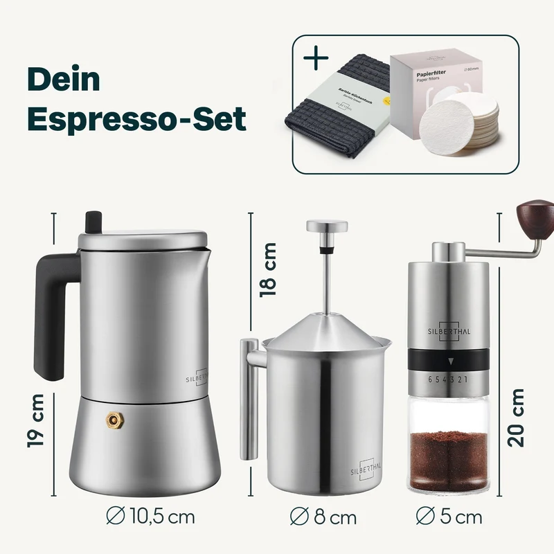 Espressokocher-Set | 3-teilig mit manueller Kaffeemühle, Milchaufschäumer und Zubehör für bis zu 6 Tassen