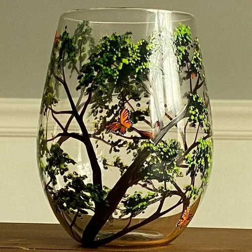 Handbemalte Weingläser mit Jahreszeiten-Baum | Künstlerisches Glasdesign | Elegantes Geschenk für Weinliebhaber