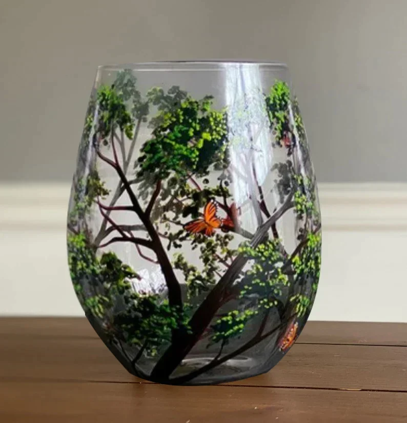 Handbemalte Weingläser mit Jahreszeiten-Baum | Künstlerisches Glasdesign | Elegantes Geschenk für Weinliebhaber