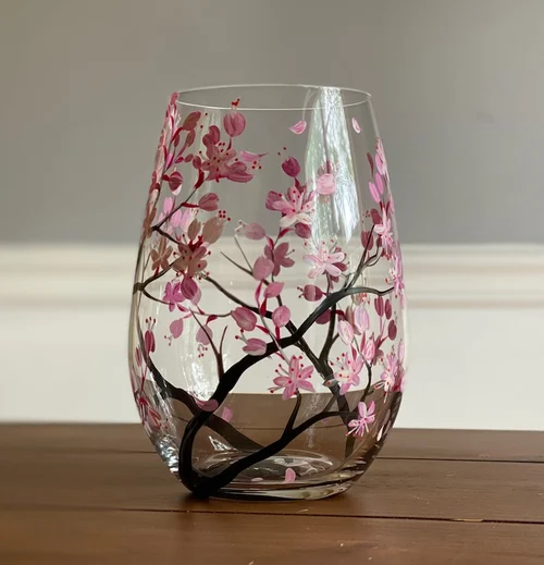 Handbemalte Weingläser mit Jahreszeiten-Baum | Künstlerisches Glasdesign | Elegantes Geschenk für Weinliebhaber