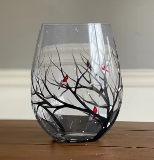 Handbemalte Weingläser mit Jahreszeiten-Baum | Künstlerisches Glasdesign | Elegantes Geschenk für Weinliebhaber