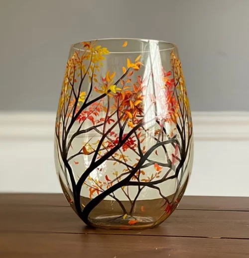 Handbemalte Weingläser mit Jahreszeiten-Baum | Künstlerisches Glasdesign | Elegantes Geschenk für Weinliebhaber