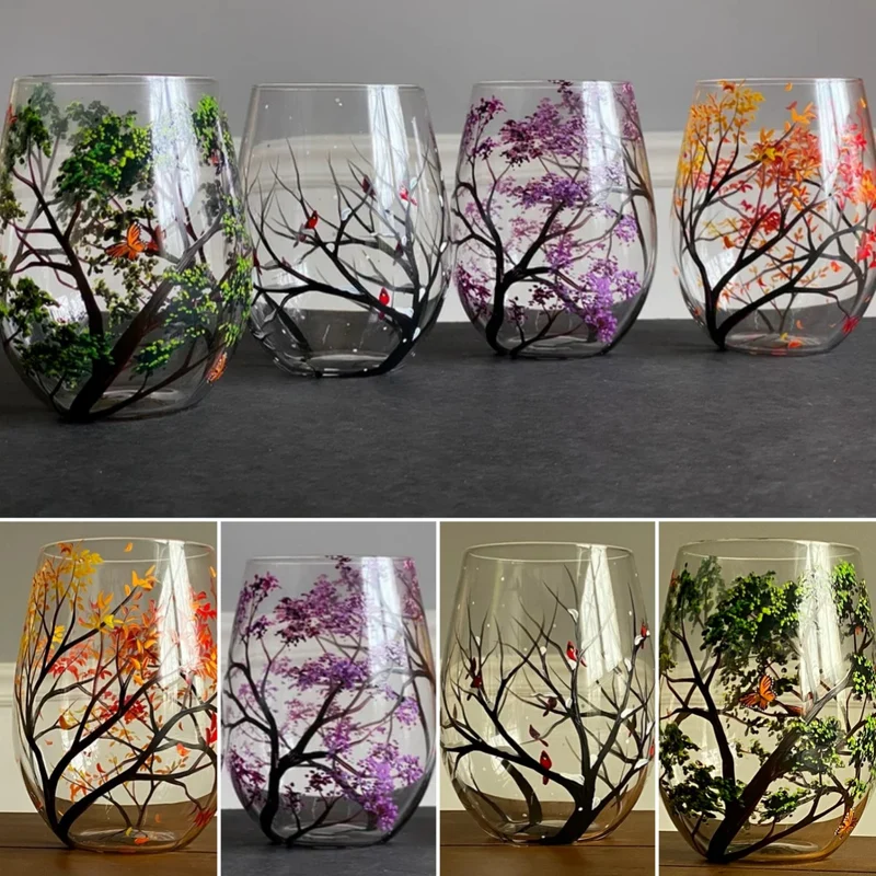 Handbemalte Weingläser mit Jahreszeiten-Baum | Künstlerisches Glasdesign | Elegantes Geschenk für Weinliebhaber