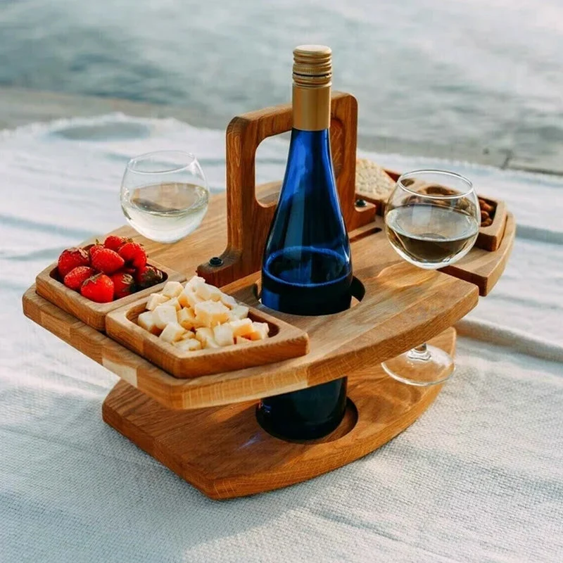 Holztisch fürs Picknick & Wein | Platz für Flasche, 2 Gläser & Snacks | Massivholz mit Griff | kompakt für unterwegs