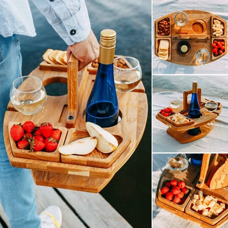 Holztisch fürs Picknick & Wein | Platz für Flasche, 2 Gläser & Snacks | Massivholz mit Griff | kompakt für unterwegs