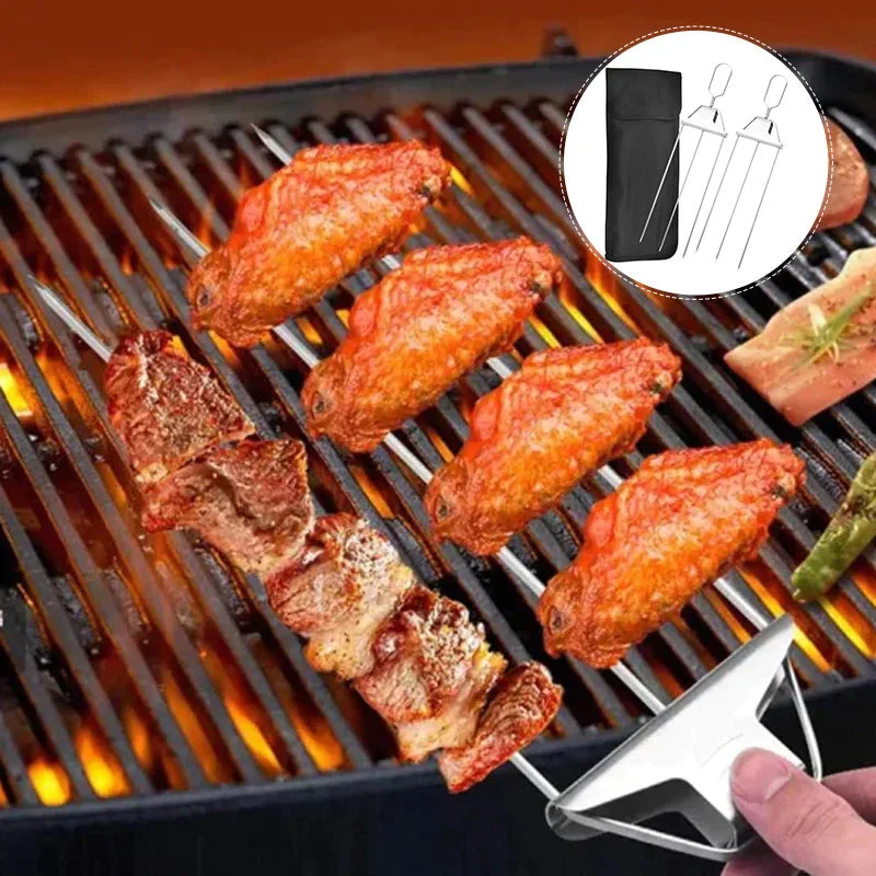 Edelstahl Grillspieße mit 9 Zinken – BlazeTrio für gleichmäßiges Garen von Fleisch, Fisch & Gemüse | Spülmaschinenfest | inkl. Oxford-Tasche