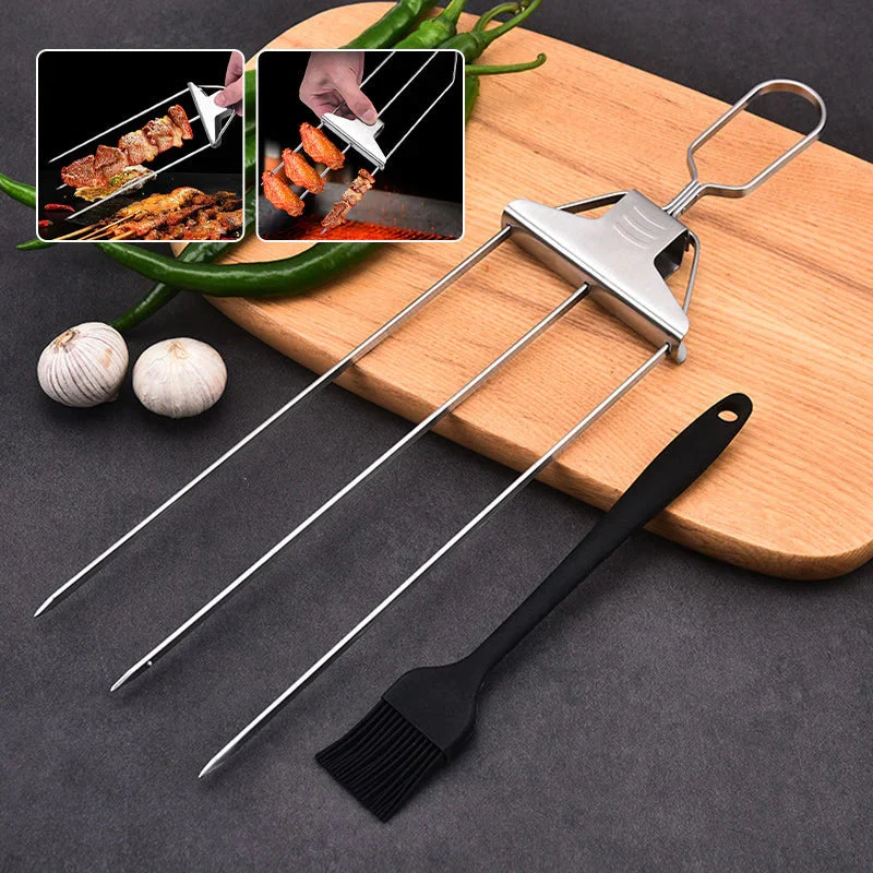 Edelstahl Grillspieße mit 9 Zinken – BlazeTrio für gleichmäßiges Garen von Fleisch, Fisch & Gemüse | Spülmaschinenfest | inkl. Oxford-Tasche