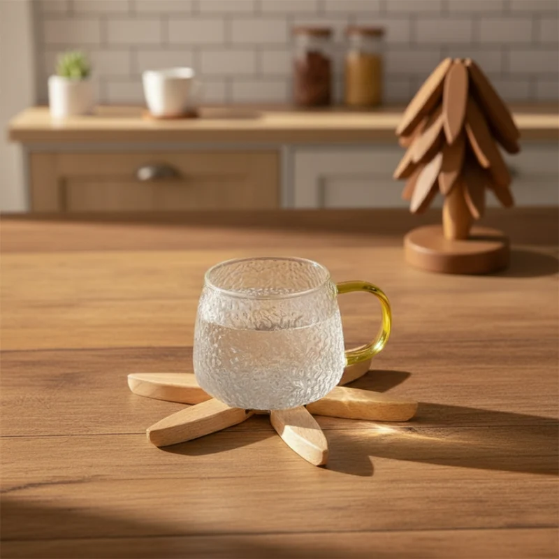 Holz-Untersetzer Set mit Halter | 3 Hitzebeständige Topfuntersetzer aus Hartholz | Stapelbar für Küche & Esstisch