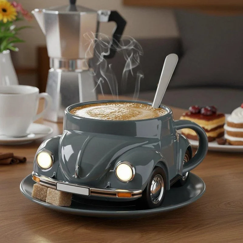 Retro Keramik-Kaffeetasse im Käfer-Design | Handbemalt, detailreich & farbenfroh | 325 ml für Kaffee & Tee | Geschenkidee