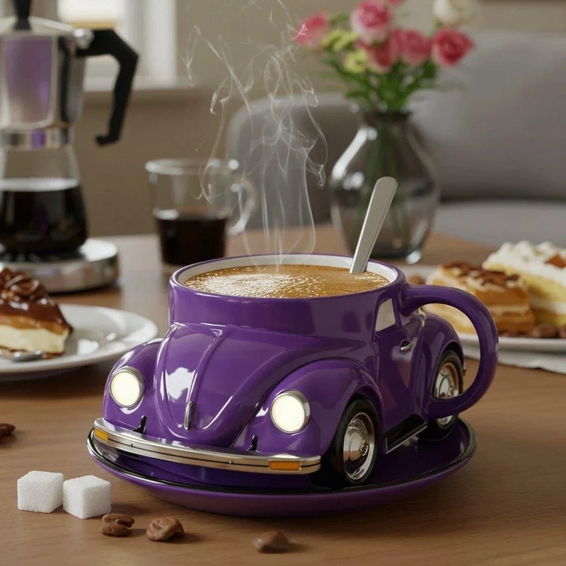 Retro Keramik-Kaffeetasse im Käfer-Design | Handbemalt, detailreich & farbenfroh | 325 ml für Kaffee & Tee | Geschenkidee
