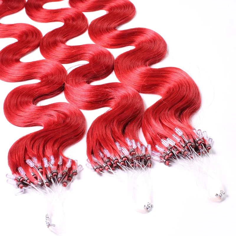 hair2heart Microring Extensions Echthaar Gewellt - 100 Strähnen 1g 40cm 0/44 rot intensiv 100 Strähn