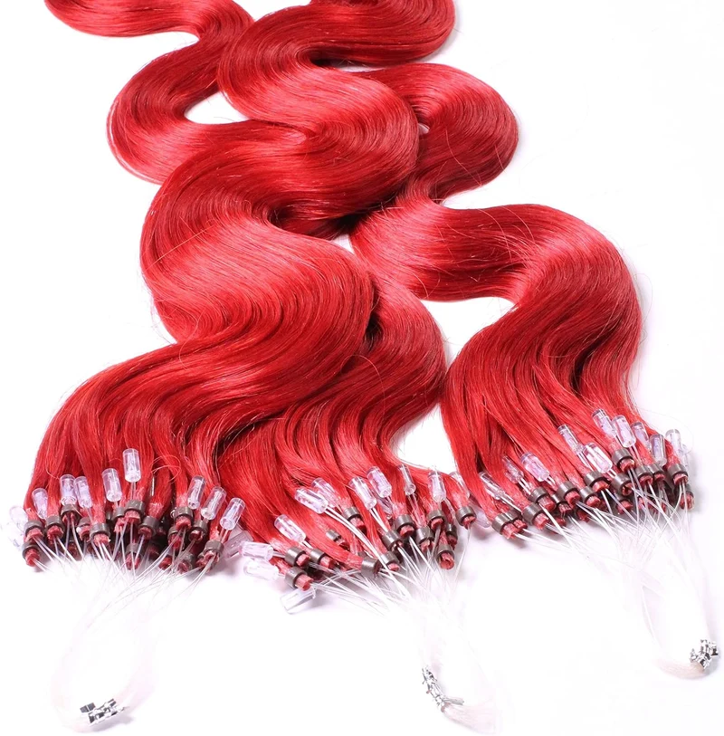 hair2heart Microring Extensions Echthaar Gewellt - 100 Strähnen 1g 40cm 0/44 rot intensiv 100 Strähn