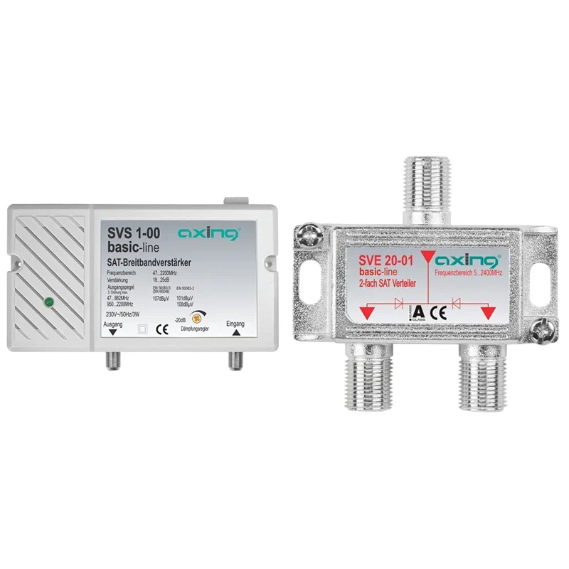 Axing SVS 1-00 Satelliten-Breitbandverstärker (25dB, 47-2200 MHz) & SVE 20-01 2-Fach SAT-Verteiler S