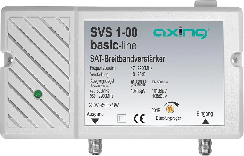 Axing SVS 1-00 Satelliten-Breitbandverstärker (25dB, 47-2200 MHz) & SVE 20-01 2-Fach SAT-Verteiler S