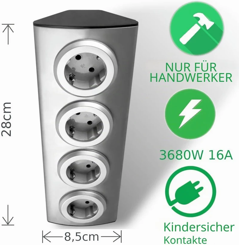 ORNO AE-1340(GS) Ecksteckdose 4 Fach mit Kindersicherung, 45° Aufbau-Montage, Ideal für Küche, Büro