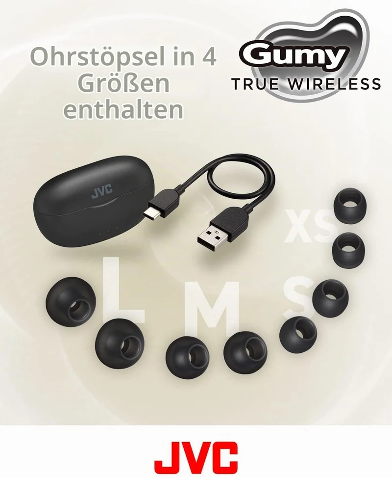 JVC HA-Z77T-B Gumy True Wireless Kopfhörer mit weichen Elastomer Ohrstöpseln, 3 Sound-Modi, Bluetoot
