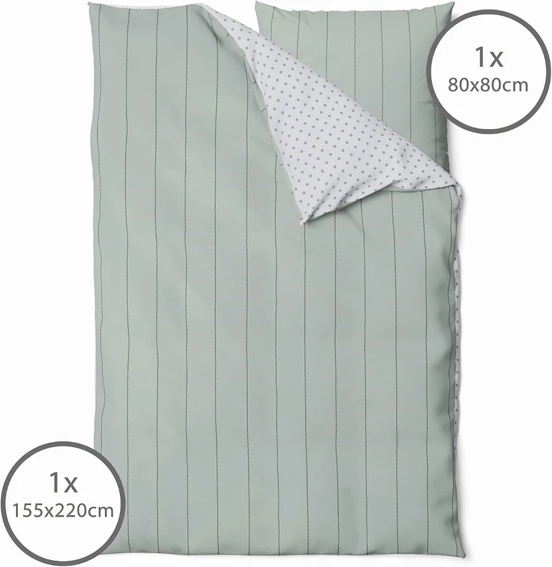 LINKHOFF Bettwäsche gestreift 155x220 cm - Biber Bettwäsche Grün Mint - Grau aus 100% Baumwolle - Fe