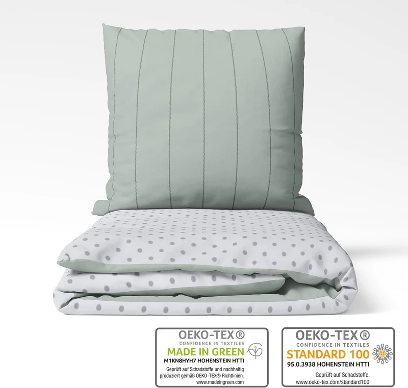 LINKHOFF Bettwäsche gestreift 155x220 cm - Biber Bettwäsche Grün Mint - Grau aus 100% Baumwolle - Fe