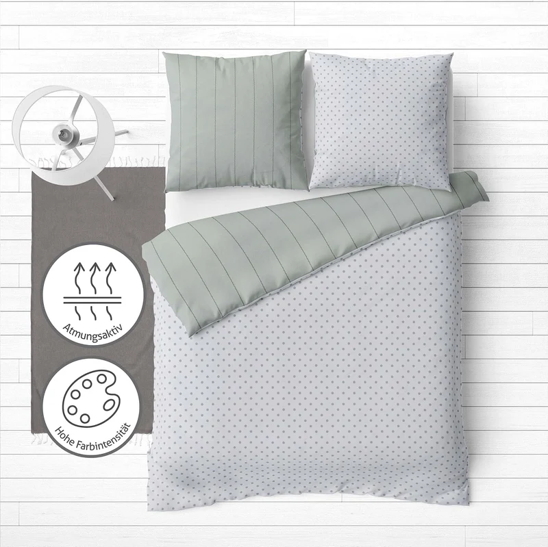 LINKHOFF Bettwäsche gestreift 155x220 cm - Biber Bettwäsche Grün Mint - Grau aus 100% Baumwolle - Fe