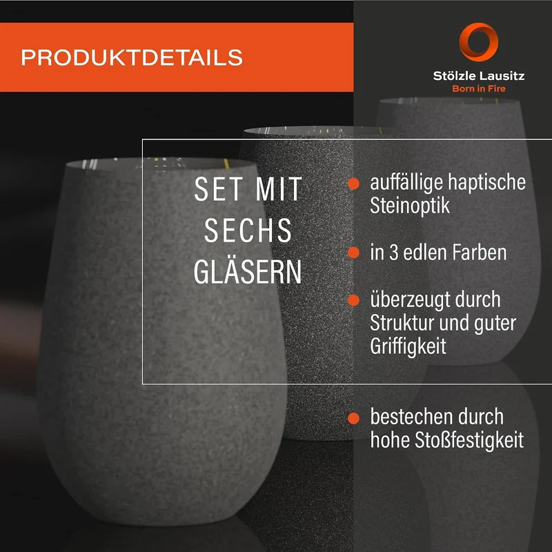 Stölzle Lausitz Longdrinkbecher Stones Graphit / 6er Set Trinkgläser/Cocktailgläser/hochwertiges Lon
