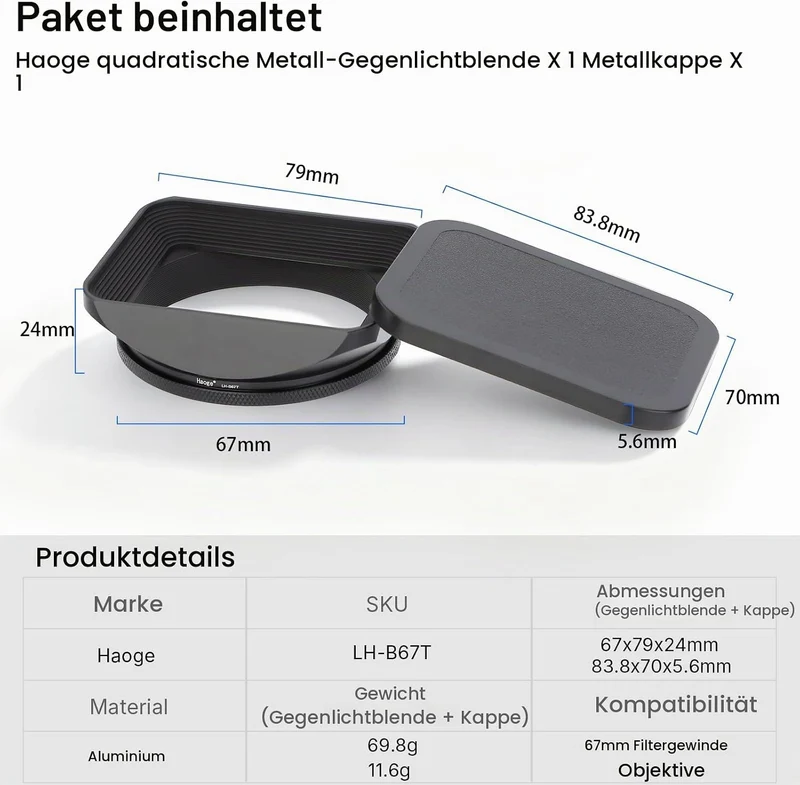 Haoge LH-B67T 67mm Quadratisch Rechteckig Gegenlichtblende mit Schraubdeckel für 67mm Canon Nikon So