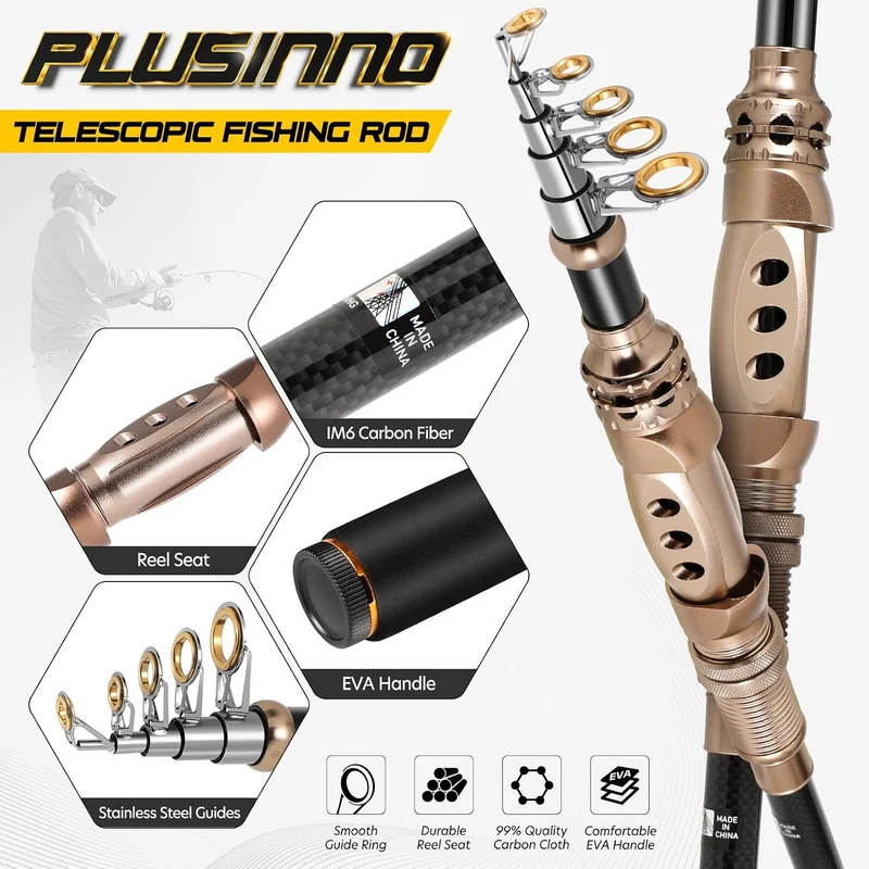 PLUSINNO Angelrute und Rolle Combos Kohlefaser Teleskop Angelrute mit Rolle Combo Meer Salzwasser Sü