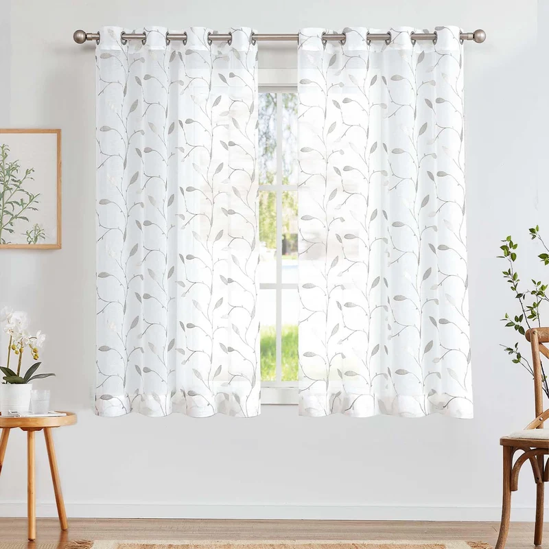 TOPICK Sheer Vorhang Voile Gardinen mit Ösen Blätter Stickerei Transparent Ösenschal Gaze Paarig Öse