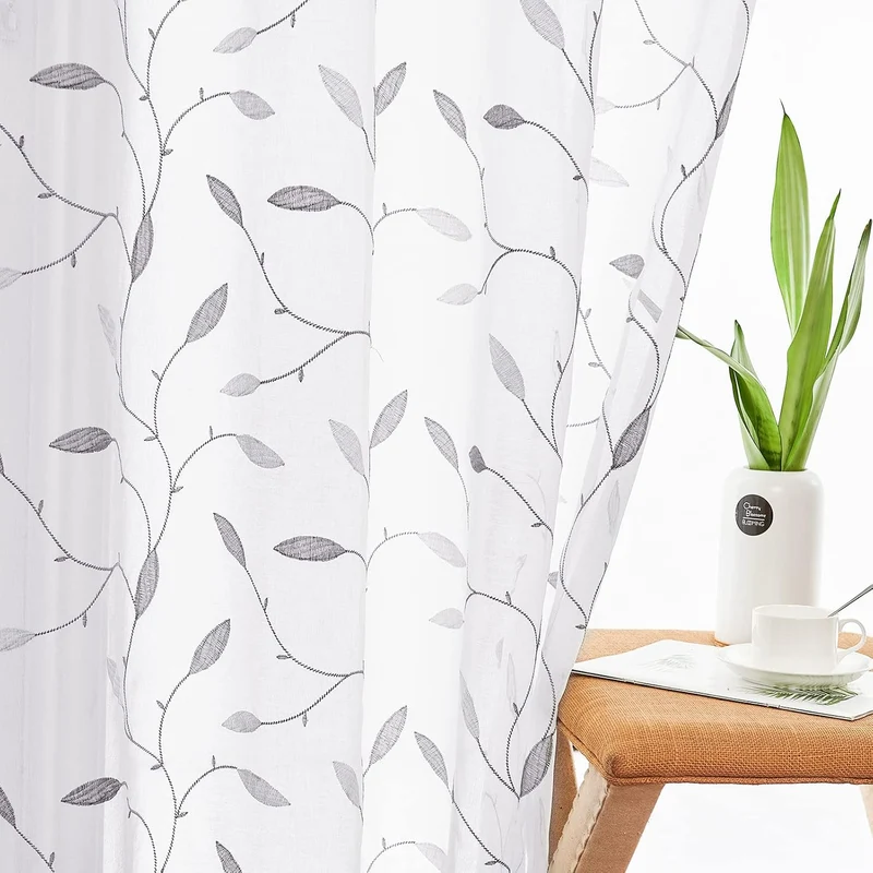TOPICK Sheer Vorhang Voile Gardinen mit Ösen Blätter Stickerei Transparent Ösenschal Gaze Paarig Öse