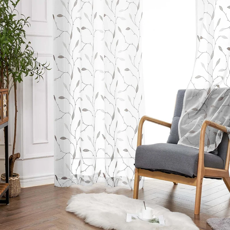 TOPICK Sheer Vorhang Voile Gardinen mit Ösen Blätter Stickerei Transparent Ösenschal Gaze Paarig Öse