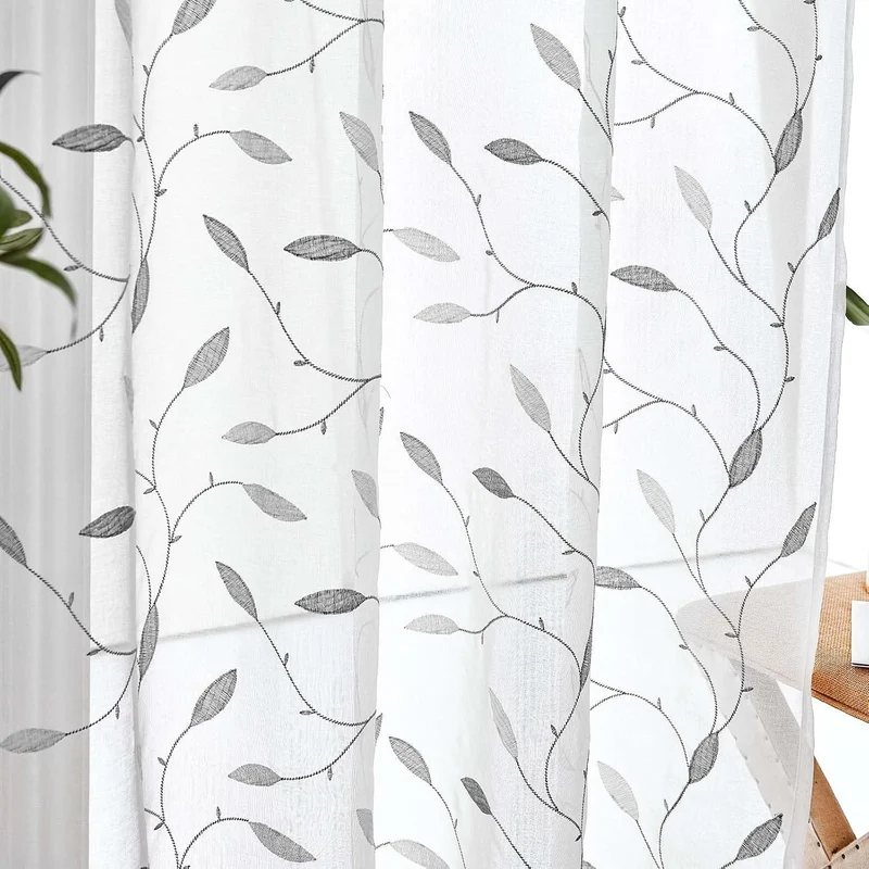 TOPICK Sheer Vorhang Voile Gardinen mit Ösen Blätter Stickerei Transparent Ösenschal Gaze Paarig Öse