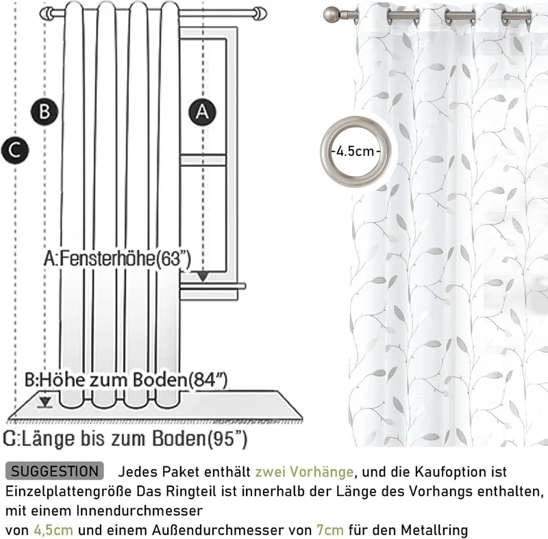 TOPICK Sheer Vorhang Voile Gardinen mit Ösen Blätter Stickerei Transparent Ösenschal Gaze Paarig Öse