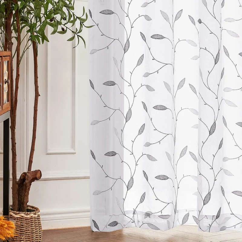 TOPICK Sheer Vorhang Voile Gardinen mit Ösen Blätter Stickerei Transparent Ösenschal Gaze Paarig Öse