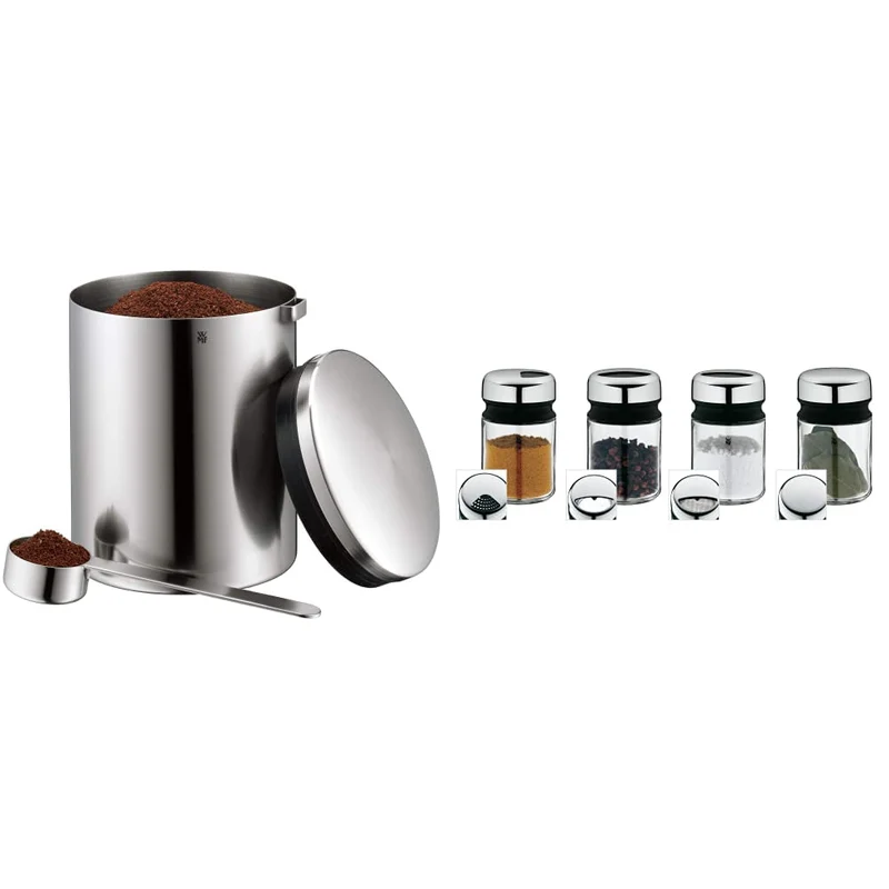 WMF Kaffeedose mit Kaffeelöffel Kult Cromargan Edelstahl rostfrei mattiert 500g & Streuer-Set 4-teil