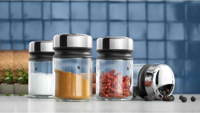 WMF Kaffeedose mit Kaffeelöffel Kult Cromargan Edelstahl rostfrei mattiert 500g & Streuer-Set 4-teil