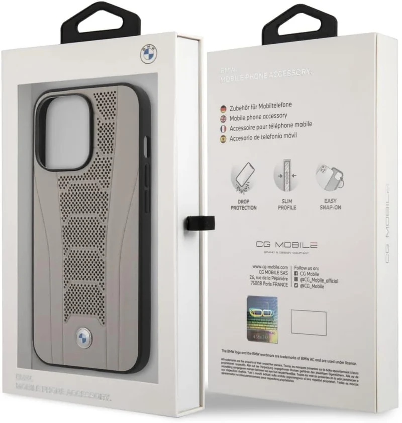 BMW Handyhülle für iPhone 13 Pro in Beige mit perforierten geprägten Linien, Echtleder Schutzhülle &