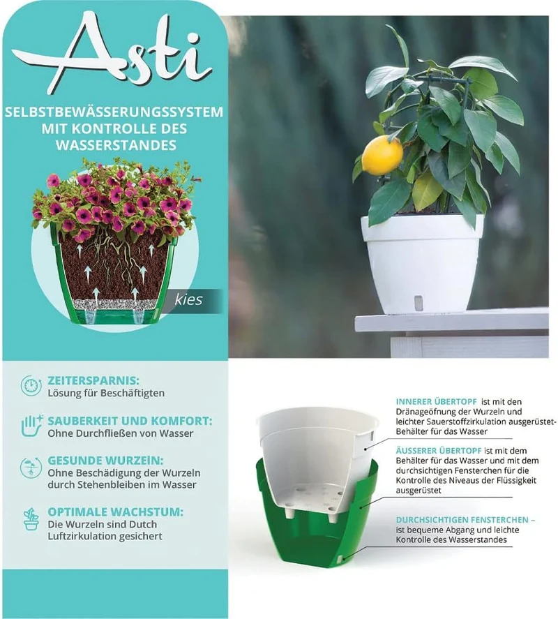 Santino ASTI 3er Set 27CM Selbstwässernder Blumentopf mit Wasserstandsanzeiger - Rund Premium Qualit